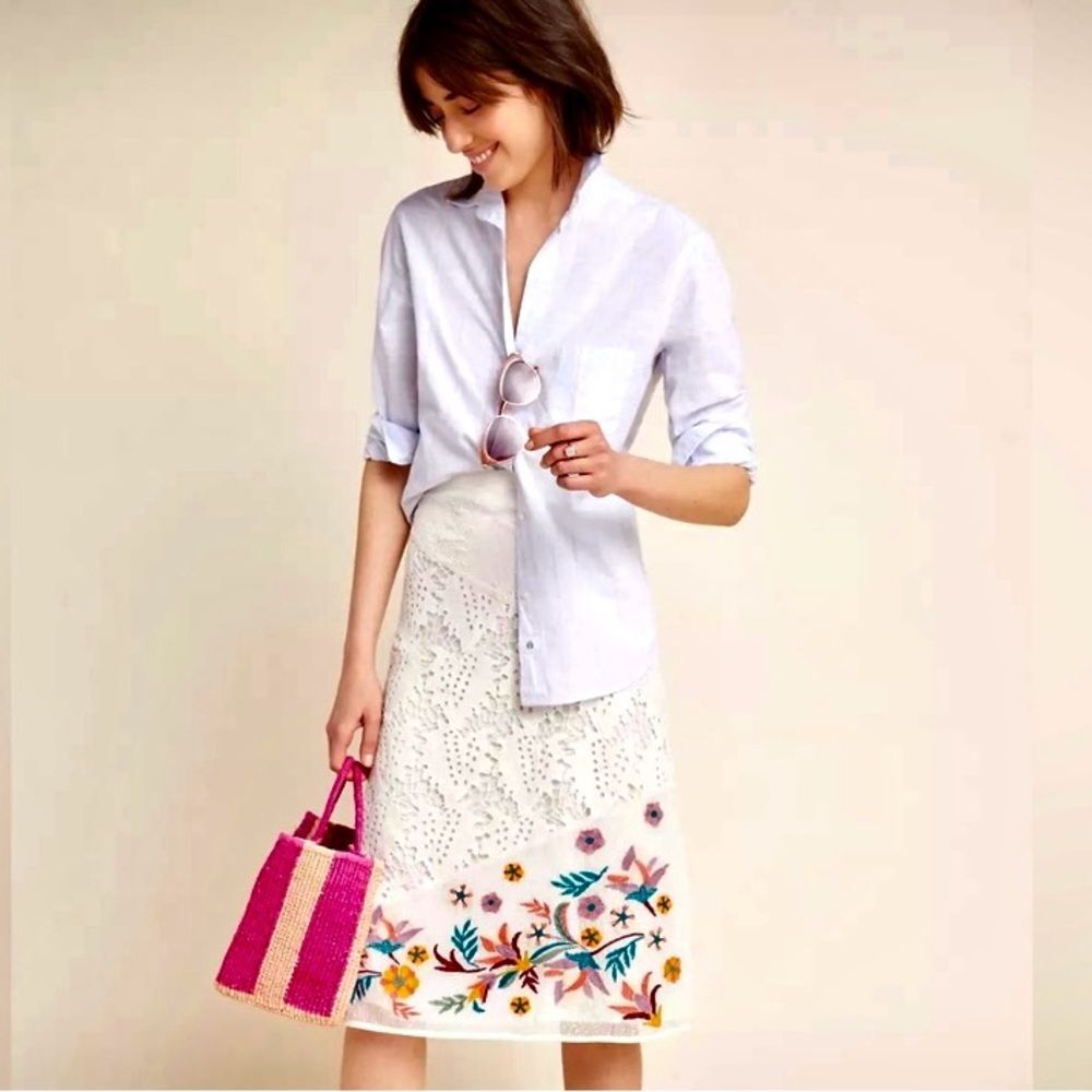 NEW Anthropologie Laia Grace Floral Embroidered Midi Skirt White Lace Size M - L
